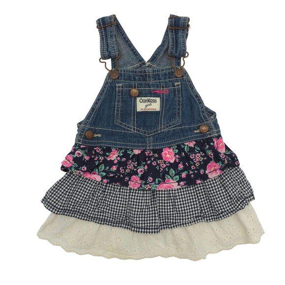 OshKosh B'gosh Other - OshKosh B'gosh Girls Denim Overall Dress Floral Gingham Eyelet Tiered 18 Months